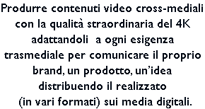 Produrre contenuti video cross-mediali con la qualità straordinaria del 4K adattandoli a ogni esigenza trasmediale per comunicare il proprio brand, un prodotto, un’idea distribuendo il realizzato (in vari formati) sui media digitali. 